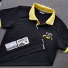 Đồng phục áo thun polo màu đen phối bo tay bo cổ trụ cổ trong màu vàng in lụa