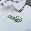 Đồng phục áo thun polo bo sọc màu trắng in chuyển nhiệt logo