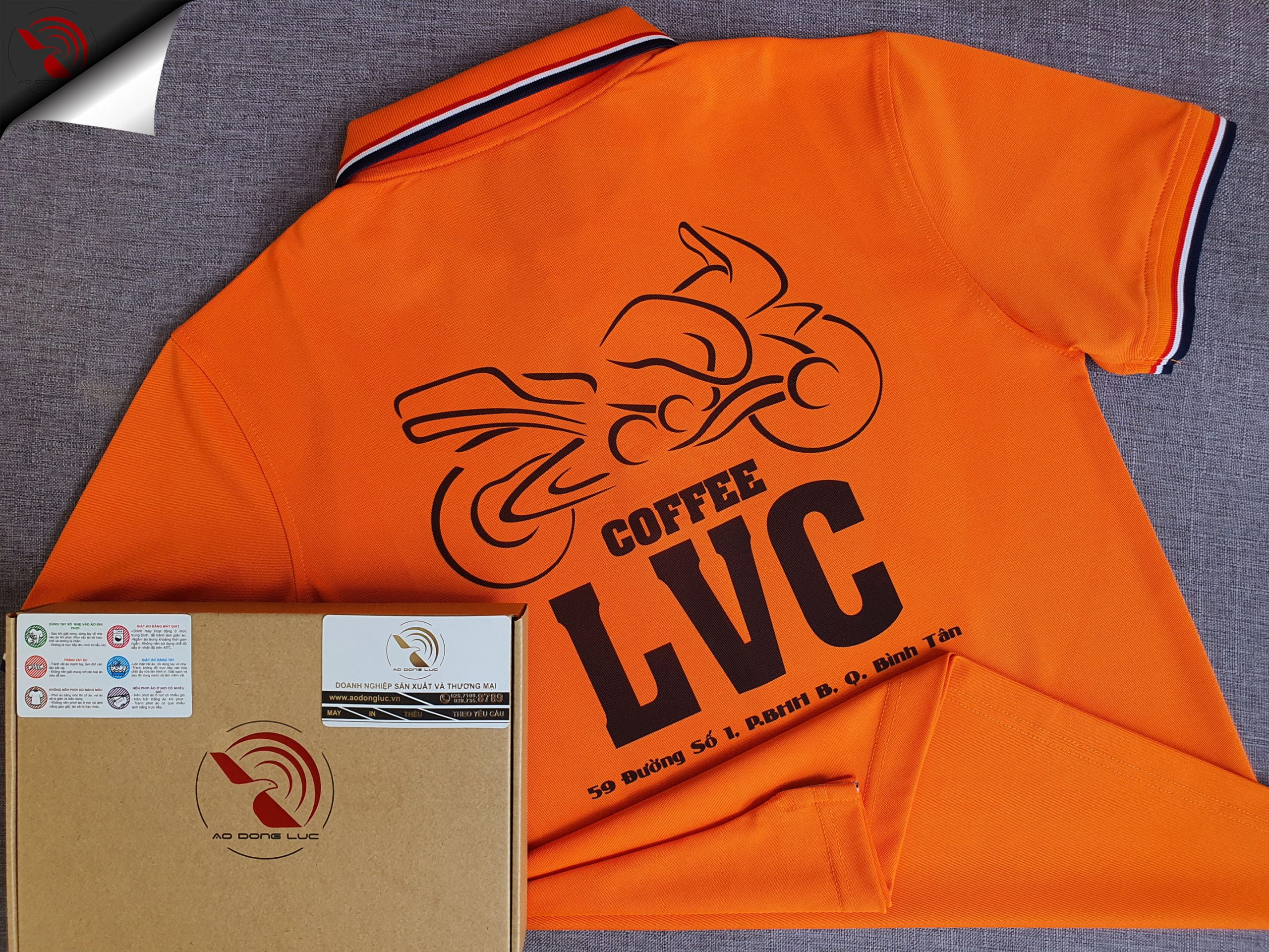 Đồng phục áo thun polo bo sọc màu cam in chuyển nhiệt