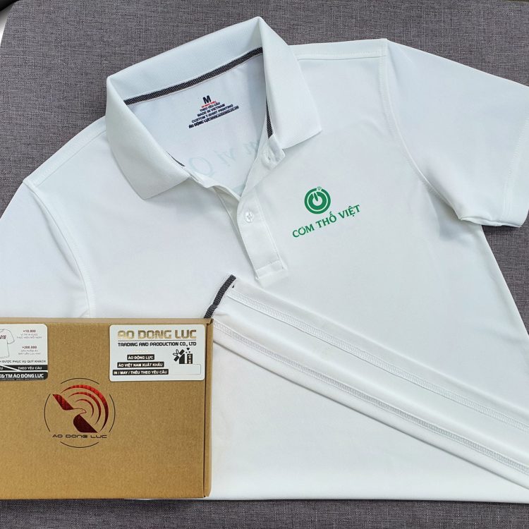 Đồng phục áo thun polo bo trơn màu trắng in chuyển nhiệt logo