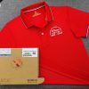 Đồng phục áo thun polo bo sọc màu đỏ thêu logo