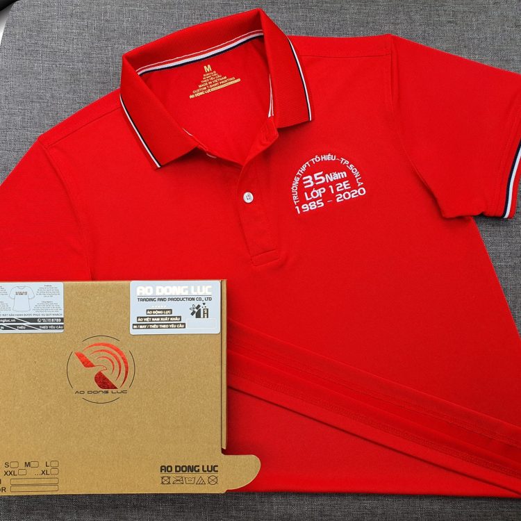 Đồng phục áo thun polo bo sọc màu đỏ thêu logo