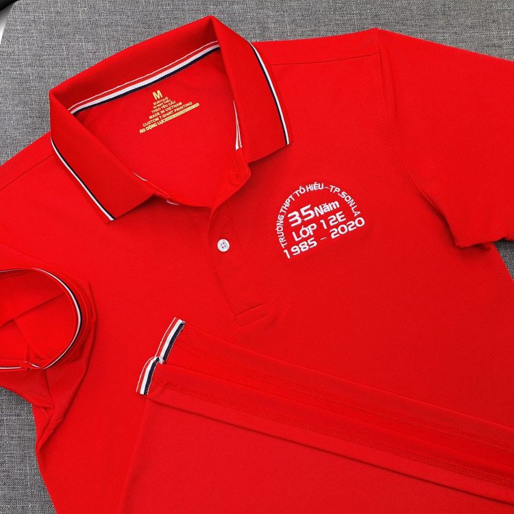Đồng phục áo thun polo bo sọc màu đỏ thêu logo