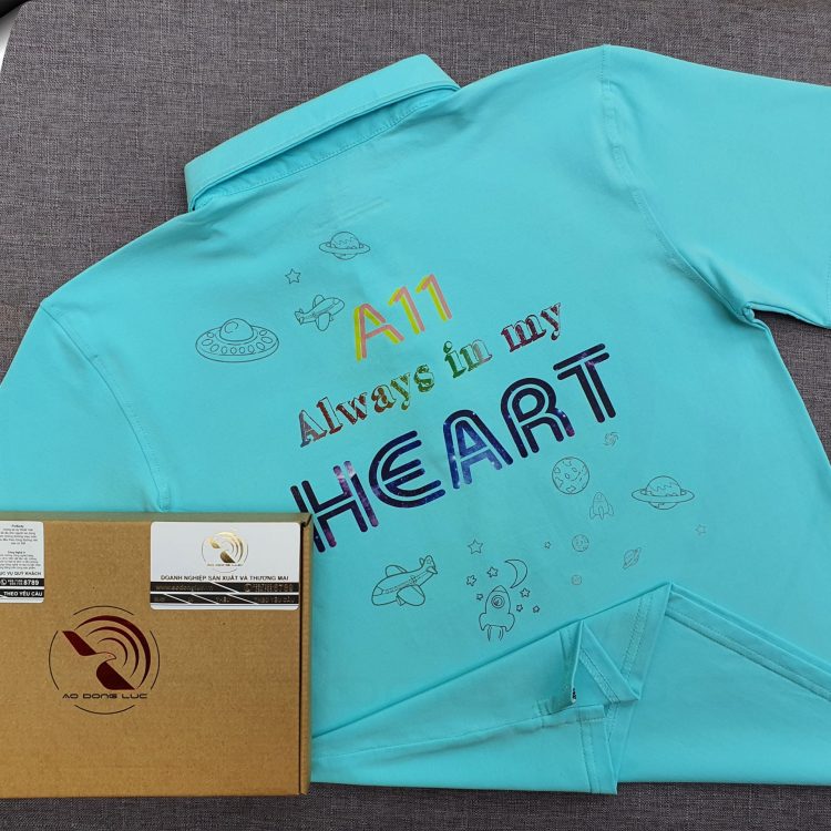 Đồng phục áo thun polo chân cổ sơ mi màu xanh thiên thanh in kỹ thuật số