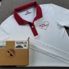 Đồng phục áo thun polo màu trắng phối bo tay bo cổ trụ cổ màu đỏ in chuyển nhiệt