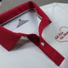 Đồng phục áo thun polo màu trắng phối bo tay bo cổ trụ cổ màu đỏ in chuyển nhiệt