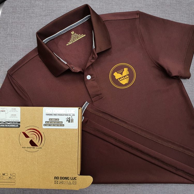 Đồng phục áo thun polo bo trơn màu nâu in kỹ thuật số