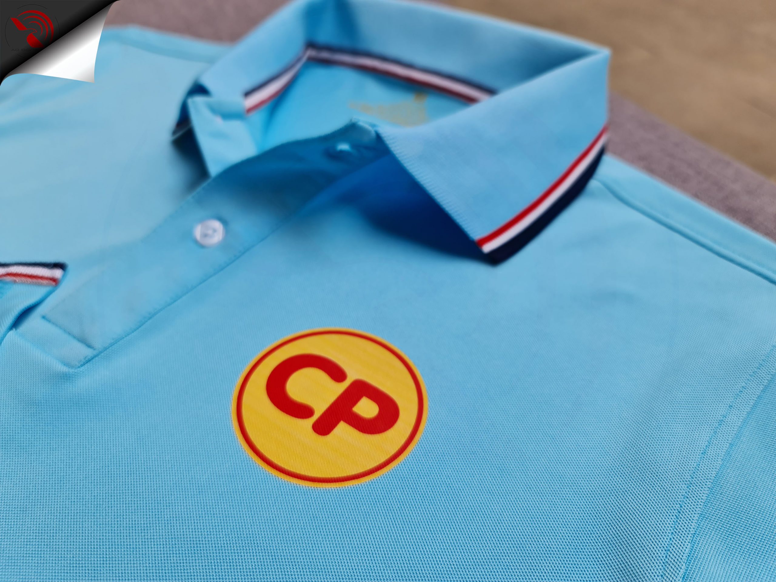 Hình in kỹ thuật số lên áo thun đồng phục polo bo sọc thiên thanh