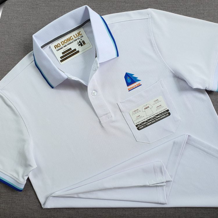 Đồng phục áo thun polo màu trắng dệt bo sọc in chuyển nhiệt logo