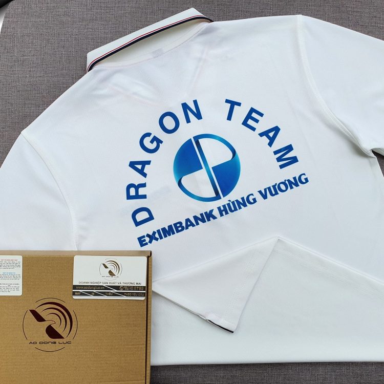Đồng phục áo thun polo bo sọc màu trắng in chyển nhiệt