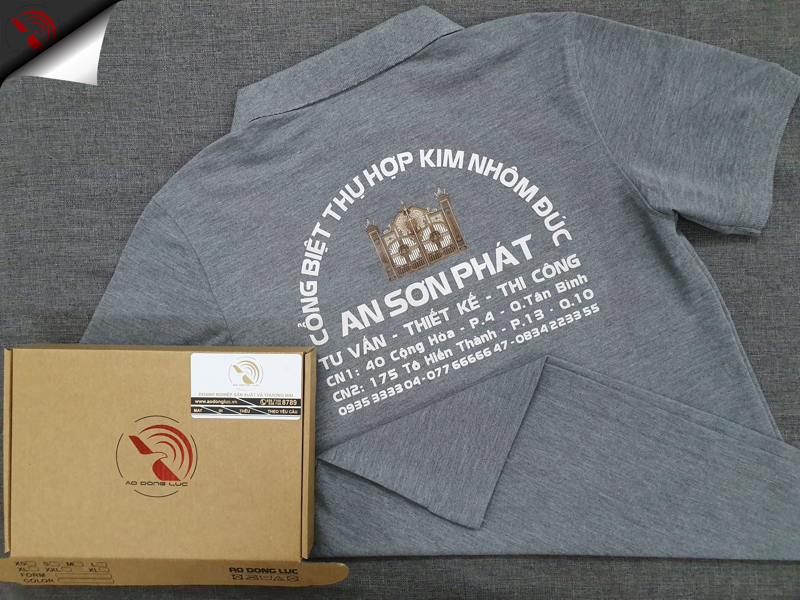 Đồng phục áo thun polo bo trơn xám đậm in kỹ thuật số
