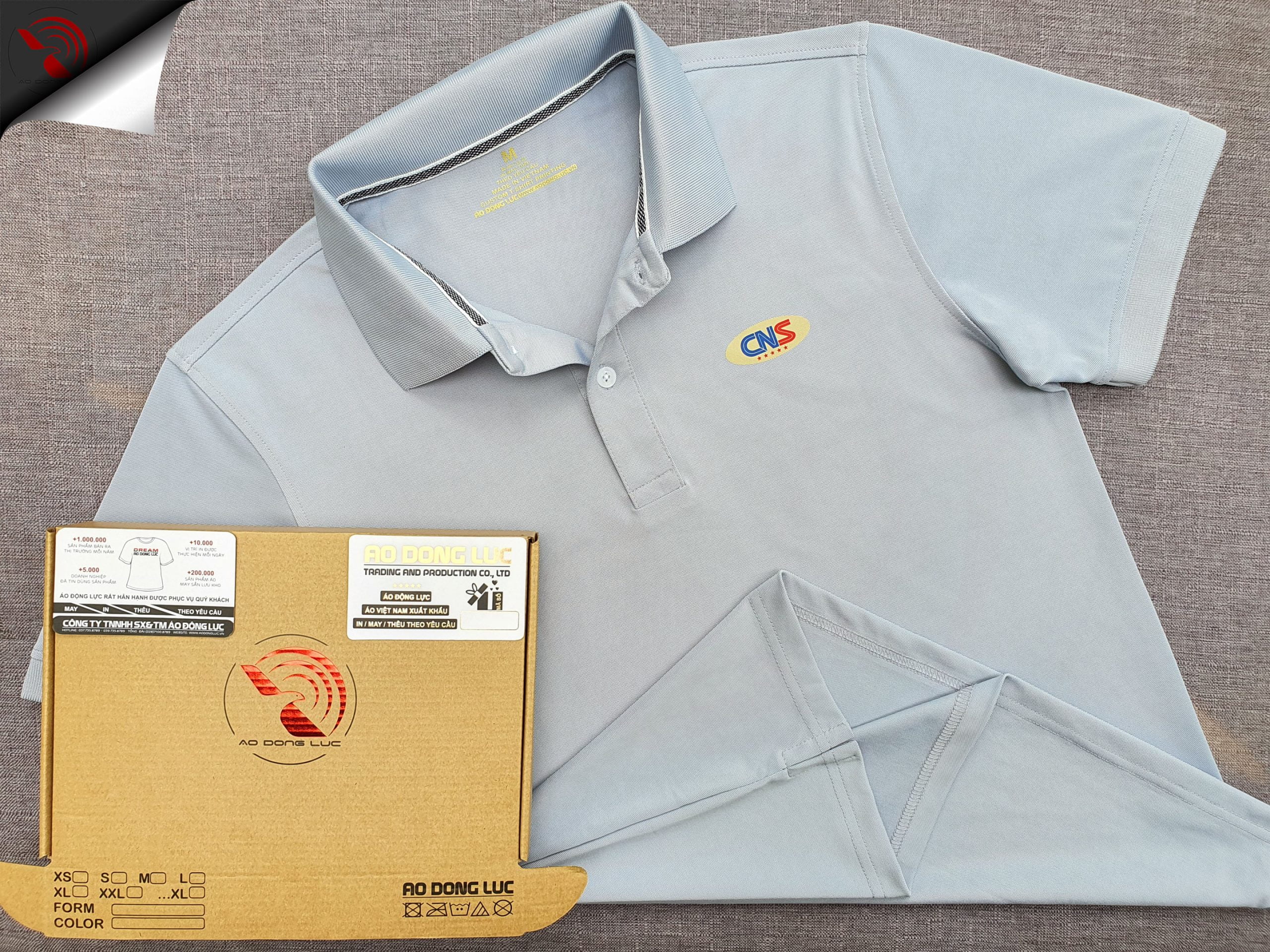Đồng phục áo thun polo bo trơn xám lam in kỹ thuật số logo