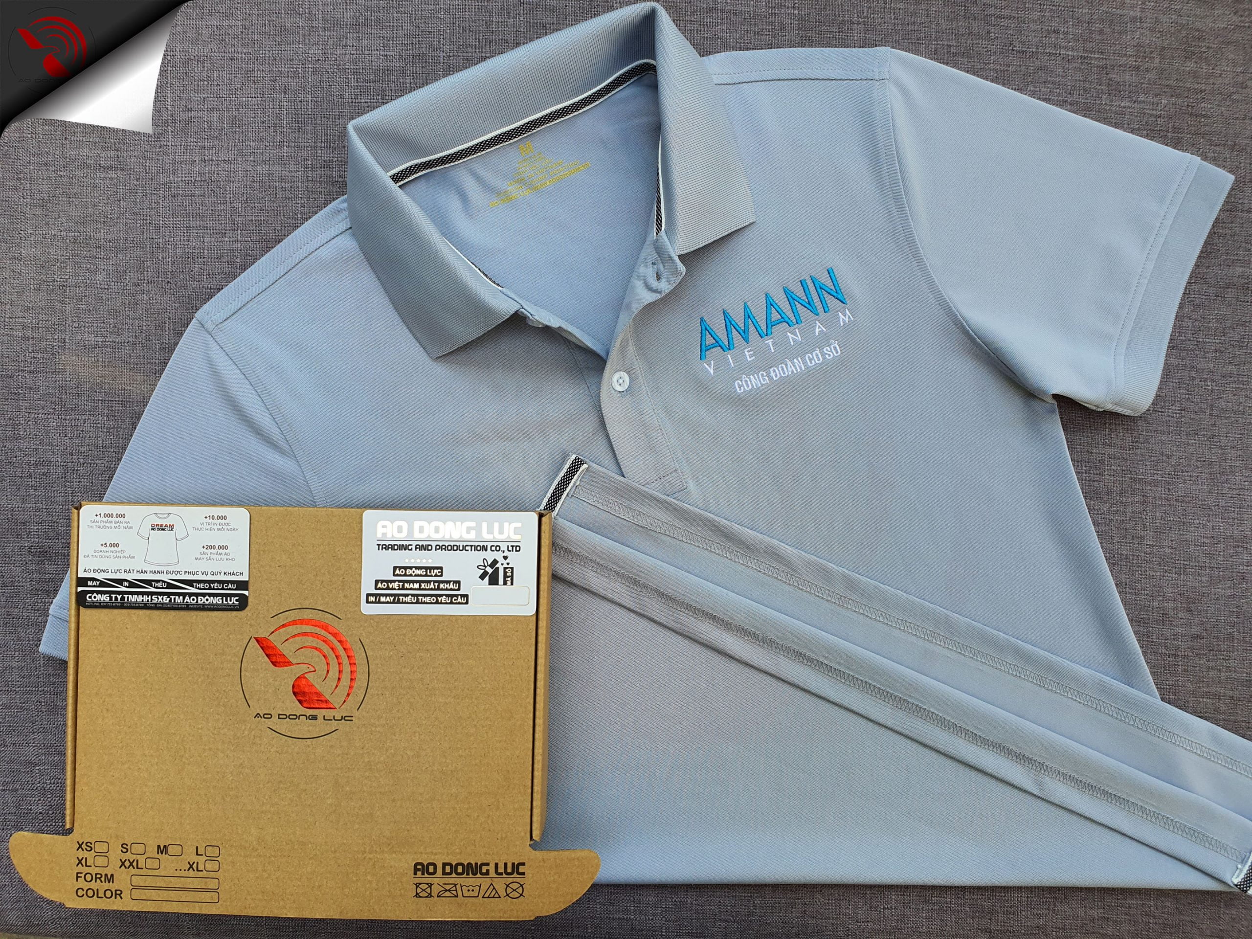Đồng phục áo thun polo bo trơn xám lam thêu logo