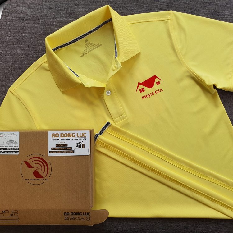 Đồng phục áo thun polo bo trơn màu vàng in chuyển nhiệt