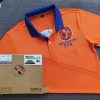 Đồng phục áo thun polo màu cam phối bo tay bo cổ trụ trong xanh bích thêu logo