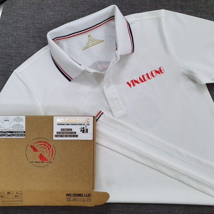 Đồng phục áo thun polo bo sọc màu trắng in chuyển nhiệt logo
