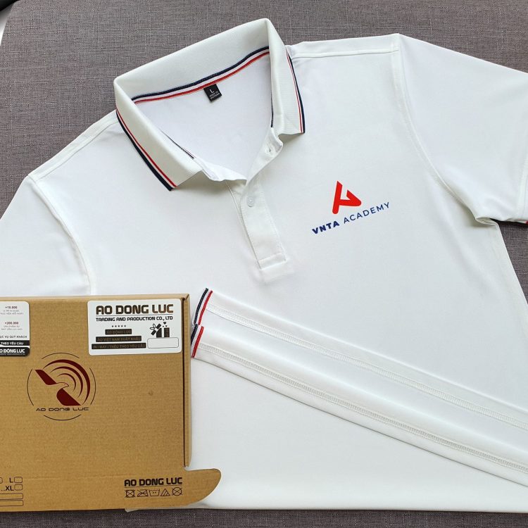 Đồng phục áo thun polo bo sọc màu trắng in chuyển nhiệt logo