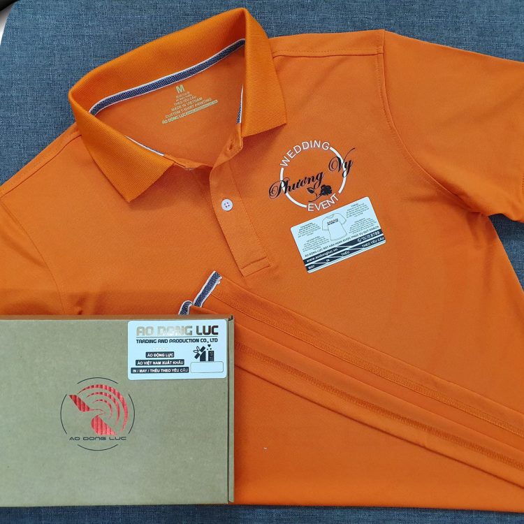 Đồng phục áo thun polo bo trơn màu cam in decal phản quang kết hợp
